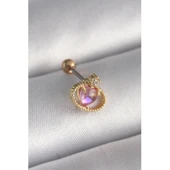 Gold Renk 316 L Çelik  Pembe Mineli Kalp Zirkon Taş Detay Tragus Piercing - 1