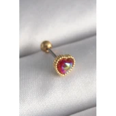 Gold Renk 316 L Çelik  Kırmızı Mineli Kalp Tragus Piercing - 1