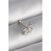 316L Çelik Gümüş Renk Zirkon Taşlı Kelebek Tragus Piercing - 1