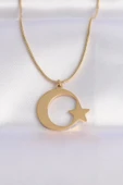 316L Çelik Zincir Gold Renk Ay Yıldız Unisex Kolye thumbnail 1