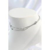 316L Çelik Gümüş Renk 2'Li Topçuk Detay Zincir Model Kadın Halhal - 1