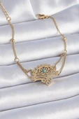 316L Çelik Gold Renk Mavi Taşlı Etnik Desen Kadın Bileklik - 1