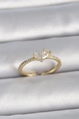 Pirinç Gold Renk Ayarlanabilir Zirkon Taşlı Kalp Model Kadın Yüzük - 1