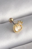 316L Çelik Gold Renk Beyaz Mineli Kalp Zirkon Taş Detaylı Taç Tragus Piercing thumbnail 1