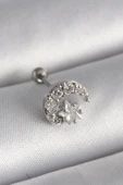 316L Çelik Gümüş Renk Zirkon Taşlı Ay Yıldız Tragus Piercing - 1