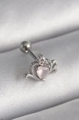 316L Çelik Gümüş Renk Pembe Mineli Kalp Zirkon Taş Detay Tragus Piercing - 1