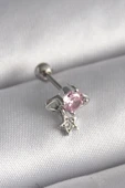 316L Çelik Gümüş Renk Pembe Zirkon Taşlı Sallantı Yıldız Detay Tragus Piercing thumbnail 1