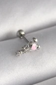 316L Çelik Gümüş Renk Zirkon Taş Detay Pembe Kalp İşleme Tragus Piercing - 1