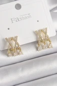Pirinç Gold Renk Zirkon Taşlı X Model Sallantı Detay Kadın Küpe - 1