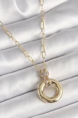 Pirinç Gold Renk Zirkon Taş Detaylı Madalyon Model Kadın Kolye - 1