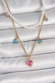 316L Çelik Gold Renk 2'Li İnci Zincir Model Pembe Taşlı Kalp Figür Nazar Boncuk Detay Kadın Kolye thumbnail 1