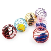 BUFFER® Renkli Metal Kafesli Peluş Fareli Kedi Köpek Oyuncağı Oyun Topu 6 cm - 2