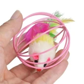 BUFFER® Renkli Metal Kafesli Peluş Fareli Kedi Köpek Oyuncağı Oyun Topu 6 cm - 6