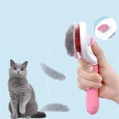 BUFFER® Kedi Köpek Tüy Toplayıcı Kendini Temizleyebilen Ergonomik Saplı Evcil Hayvan Tarağı Pembe - 4