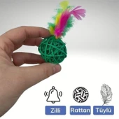 BUFFER® 2li Rattan Renkli Peluş Tüy Kedi Köpek Oyuncak Yakalama Çiğneme Çıngıraklı Top Oyuncağı - 5