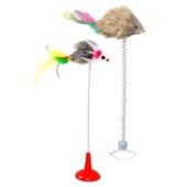 BUFFER® 2li Vantuzlu Fareli Tüylü Hareketli Çanlı ve Esneyen Eğlenceli Peluş Kedi Oyuncağı - 7