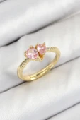 Pirinç Zirkon Taşlı Pembe Kalp Model Gold Renk Kadın Yüzük - 1