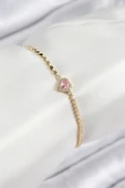 Pirinç Zirkon Taşlı Kalp Model Ezme Zincir Gold Renk Kadın Bileklik - 1