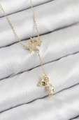 Pirinç Zirkon Taşlı Sallantılı Ayıcıklı Yıldız Model Gold Renk Kadın Kolye - 1
