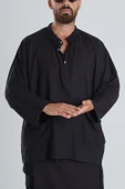 Keten Kumaş Oversize Siyah Tasarım T-Shirt - 3