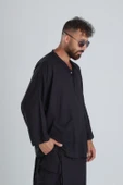Keten Kumaş Oversize Siyah Tasarım T-Shirt - 2