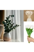 YAPAY ÇİÇEKÇİNİZ Dekoratif 3’lü Set: 8’li Yapay Lale Demeti + Okaliptus Demeti + 3’lü Pamuk Otu – Salon & Masa Çiçek Aranjmanı thumbnail 1