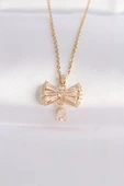 316L Çelik Zincir Altın Renk Zirkon Taşlı Kalp Detay Fiyonk Kolye - TJ-BKO8603 thumbnail 1