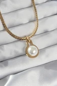 316L Çelik Gold Renk Yassı Zincir İnci Taşlı Kolye - TJ-BKO8903 - 1