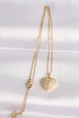 316L Çelik Zincir Altın Renk Zirkon Taşlı Kalp Kolye - TJ-BKO8624 thumbnail 2