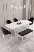 Calvin Beyaz 80x132 Açılabilir Mdf Masa Yemek Odası Takımı, Mutfak Takımı 4 Sandalye, 1 Bench Siyah - 2