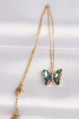 316L Çelik Zincir Altın Renk Zincir Yeşil Kelebek Model Renkli Zirkon Taşlı Kolye - TJ-BKO8614 thumbnail 2