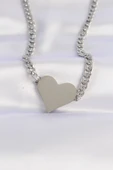 316L Çelik Zincir Gümüş Renk Düz Plaka Kalp Kolye - TJ-BKO8643 thumbnail 1