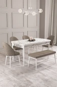 Calvin Beyaz Mermer 80x132 Açılabilir Mdf Masa Yemek Odası Takımı, Mutfak Takımı 4 Adet Sandalye, 1 Bench Cappuccino - 1