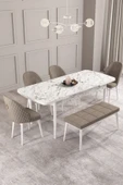 Calvin Beyaz Mermer 80x132 Açılabilir Mdf Masa Yemek Odası Takımı, Mutfak Takımı 4 Adet Sandalye, 1 Bench Cappuccino - 2