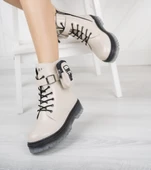 Krem Kırışık Rugan Fermuarlı Cep Detaylı Kız Çocuk Botu - 1