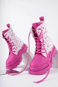 Pembe Beyaz Renkli Barbie Baskılı Fermuarlı Bağcıklı Lüks Kız Çocuk Botu - 2