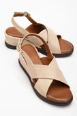Kadın Dolgu Topuk Sandalet Bej Çapraz Bantlı Ortopedik - 1