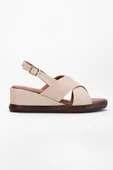Kadın Dolgu Topuklu Ayakkabı Sandalet Bej Çapraz Bantlı Suni Deri - 3