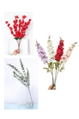 YAPAY ÇİÇEKÇİNİZ Lüks Yapay Çiçek Aranjman Seti – 1 Adet Okaliptus Dalı + 3 Adet Delphinium Çiçeği + 7 Dallı Kırmızı Bahardalı Demeti thumbnail 1