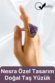 Özel Üretim Altın Pirinç Kaplama Vintage Görünümlü Şık Tasarımlı Ayarlanabilir Doğal Taş Kadın Yüzük - 1