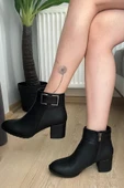 Kadın Trend Siyah Kare Tokalı ( 6 cm ) Topuklu Oval Burun Bot - 6