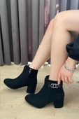 Kadın Hana Siyah Zümrür Taşlı Tokalı ( 6 cm ) Topuklu Oval Burun Bot - 5