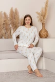 Uzun Kollu Büyük Beden Kadın Pijama Takımı- Çiçek Desenli Pijama - Pinterest Basic Kadın  Pijama thumbnail 4