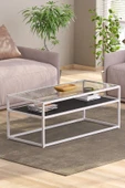 TOLIAHOME Modern Siyah-Beyaz Renk Metal İskeletli Temper Camlı 2 Katlı Dikdörtgen Orta Sehpa - 2