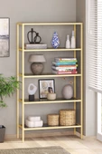 TOLIAHOME Modern 5 Katlı Gold Renk Metal İskeletli Füme Cam Raflı Aksesuar Rafı Kitaplık - 1