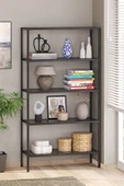 TOLIAHOME Modern 5 Katlı Siyah Renk Metal İskeletli Füme Cam Raflı Aksesuar Rafı Kitaplık - 1