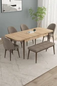 Calvin Meşe Desen 80x132 Açılabilir Mdf Masa Yemek Odası Takımı, Mutfak Takımı 4 Sandalye, 1 Bench Cappuccino - 2