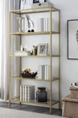 TOLIAHOME Modern 5 Katlı Gold Renk Metal İskeletli Cam Raflı Aksesuar Rafı Kitaplık - 1