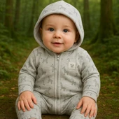 Bebek Uzun Kollu Şapkalı Tulum %100 Organik Pamuk - Yenidoğan - Csy8033 - 5