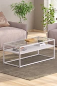 TOLIAHOME Modern Beyaz Renk Metal İskeletli Temper Camlı 2 Katlı Dikdörtgen Orta Sehpa - 1